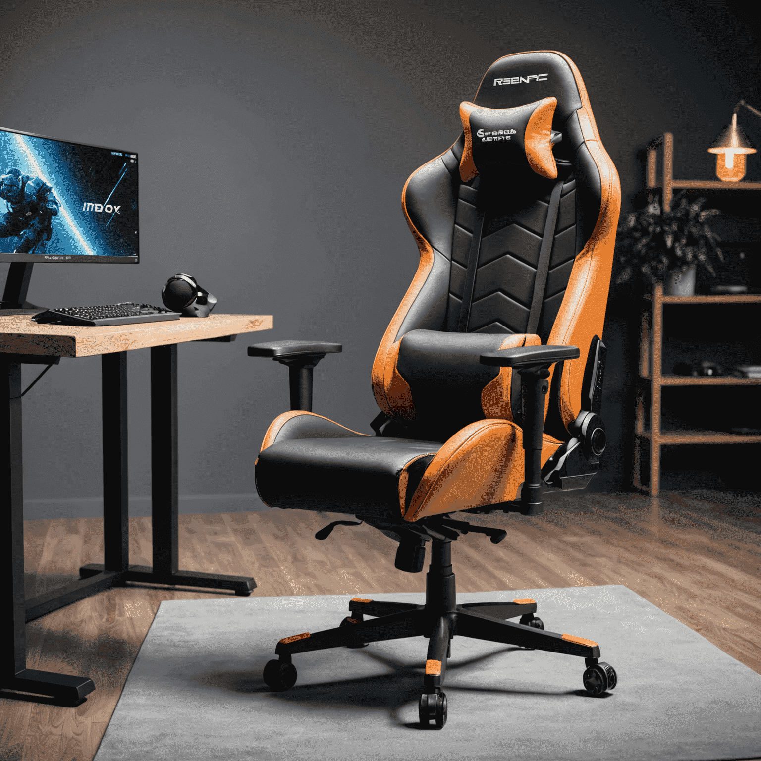 A professional gaming setup with a high-end gaming chair in focus, showcasing ergonomic design and premium materials