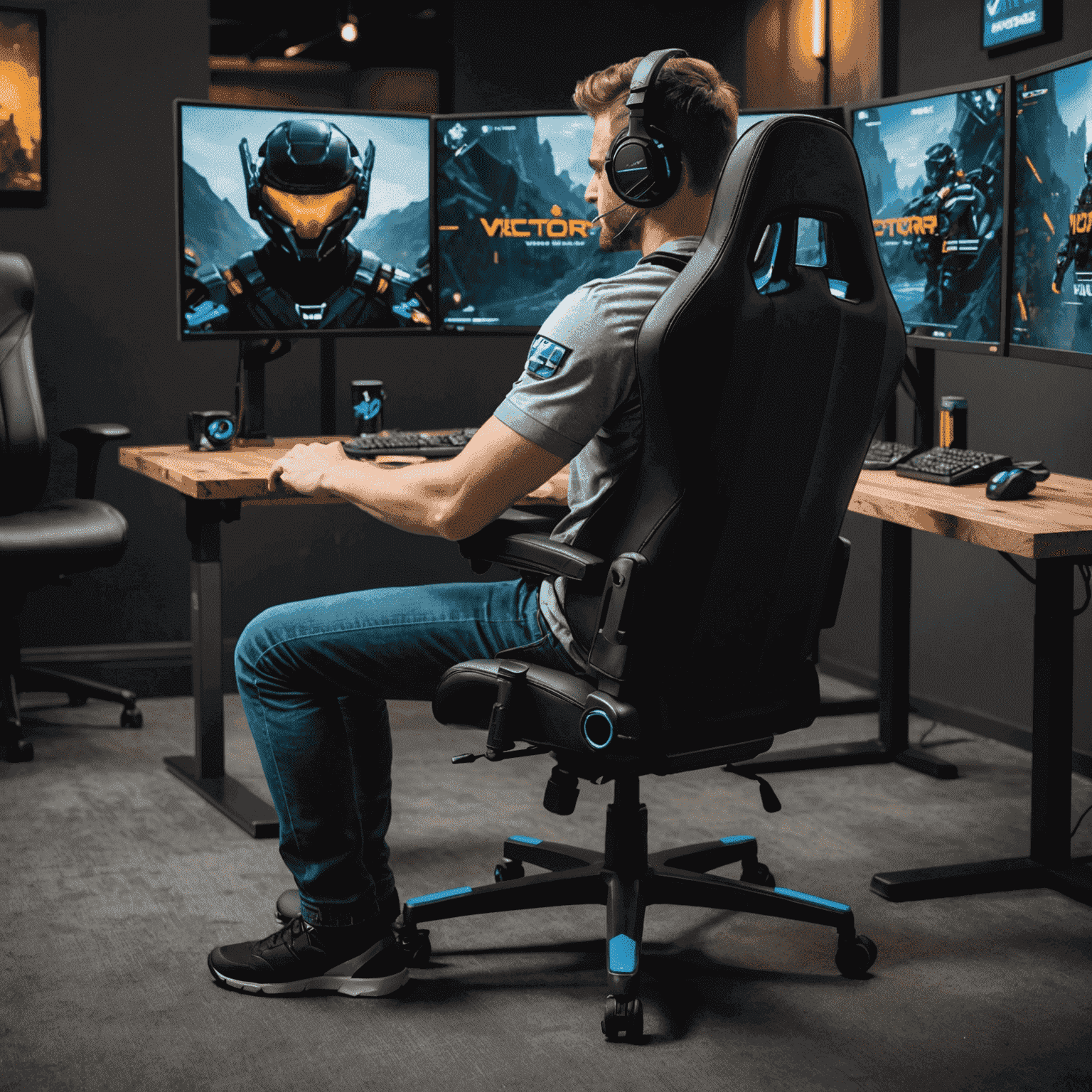 A professional gamer sitting in a VictoryForge chair, demonstrating perfect posture while playing an intense game on a large monitor. The chair's ergonomic design is highlighted, showing lumbar support, adjustable armrests, and headrest.