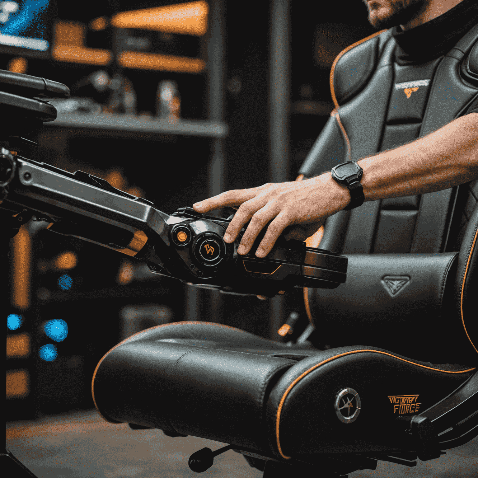 Close-up of a person lubricating the mechanisms of a VictoryForge gaming chair