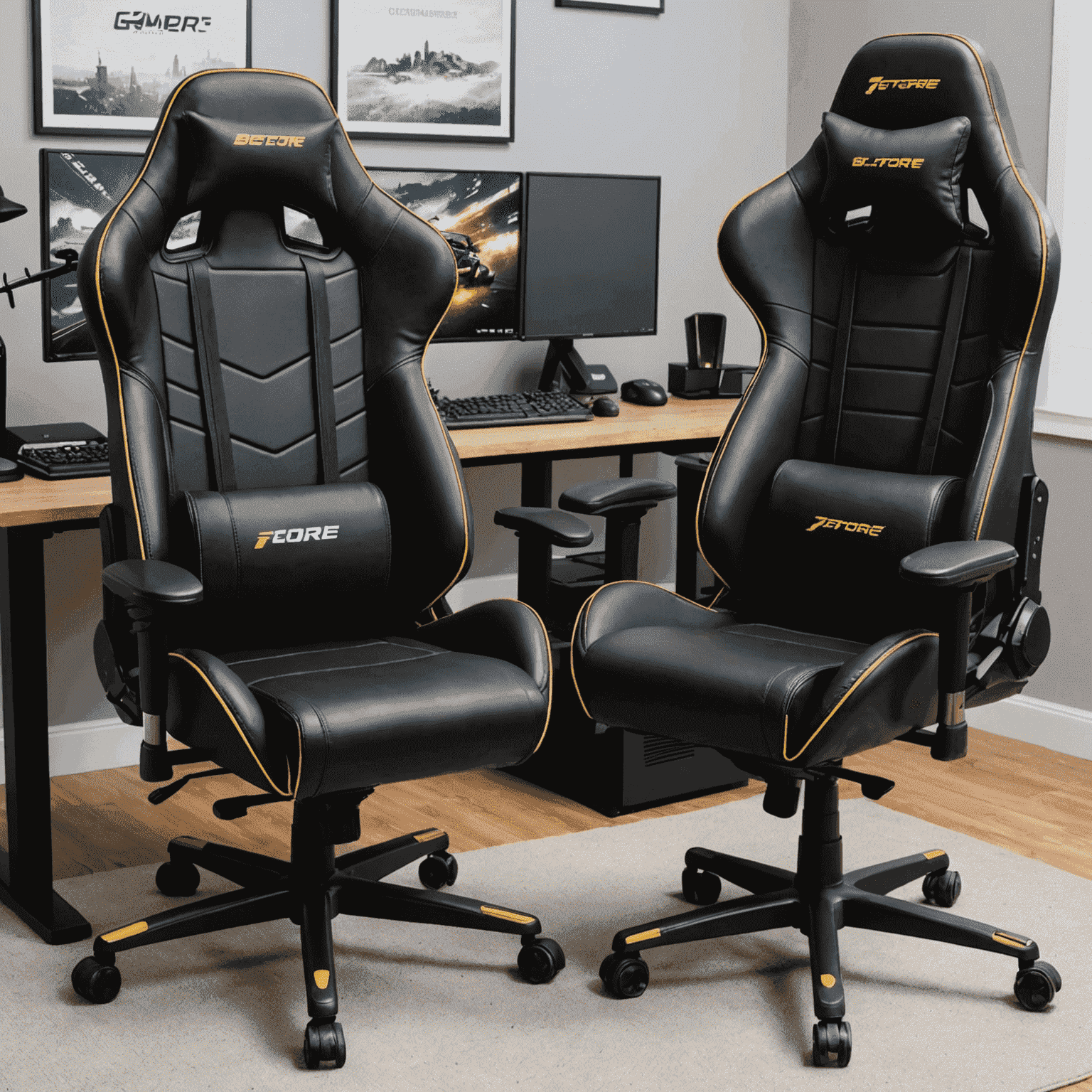 Before and after comparison of a gamer's setup. The 'before' shows a generic office chair, while the 'after' showcases a sleek VictoryForge gaming chair.