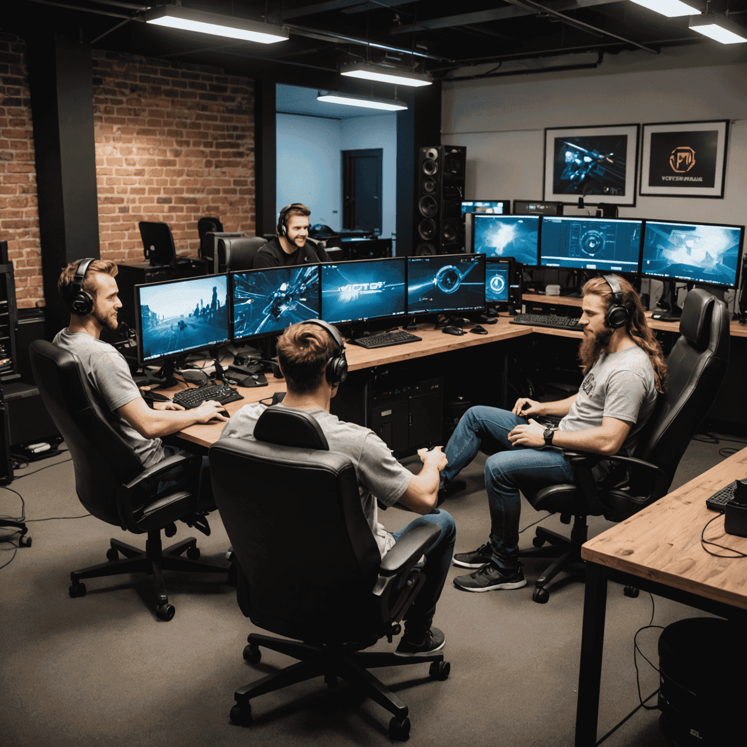 A group of friends enjoying a LAN party, all seated in VictoryForge chairs. Their postures are noticeably good despite hours of gaming.